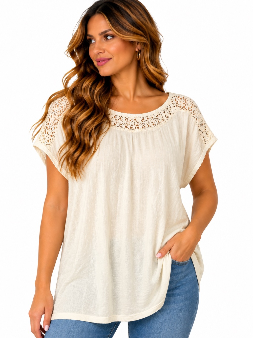 J.Jill Wearever Collection Ivory Crochet Yoke Knit Top Women’s Large Short Sleev
